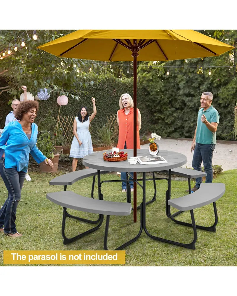 8-Person Outdoor Picnic Table and Bench Set with Umbrella Hole-Gray - Gray - Picnic Tables