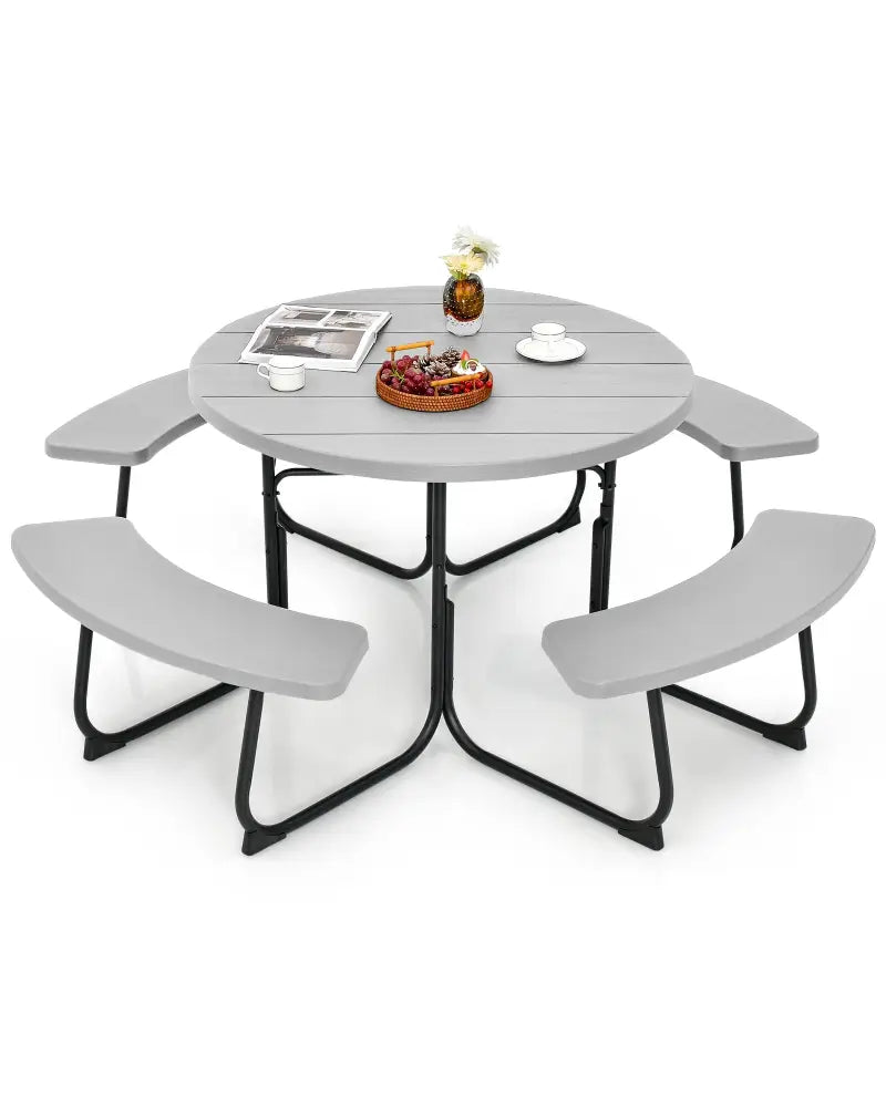 8-Person Outdoor Picnic Table and Bench Set with Umbrella Hole-Gray - Gray - Picnic Tables