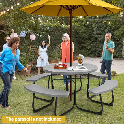 8-Person Outdoor Picnic Table and Bench Set with Umbrella Hole-Gray - Gray - Picnic Tables