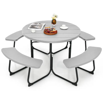 8-Person Outdoor Picnic Table and Bench Set with Umbrella Hole-Gray - Gray - Picnic Tables