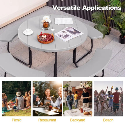 8-Person Outdoor Picnic Table and Bench Set with Umbrella Hole-Gray - Gray - Picnic Tables