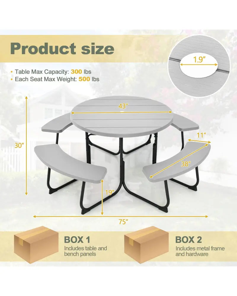8-Person Outdoor Picnic Table and Bench Set with Umbrella Hole-Gray - Gray - Picnic Tables