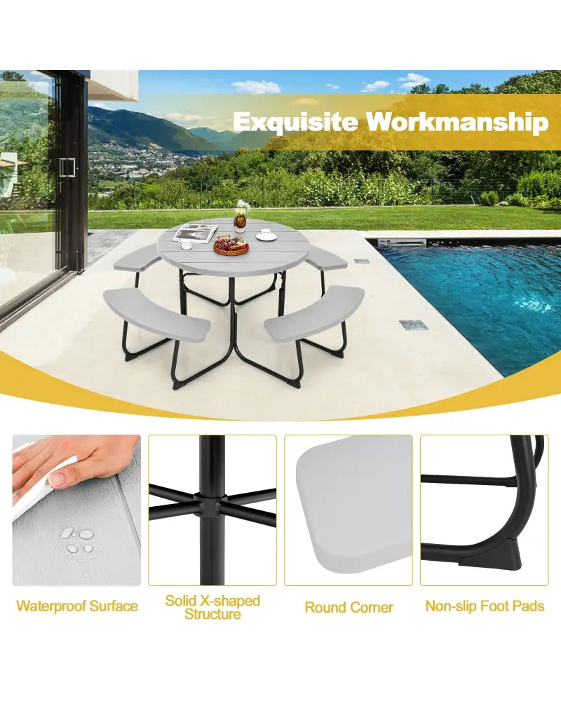 8-Person Outdoor Picnic Table and Bench Set with Umbrella Hole-Gray - Gray - Picnic Tables