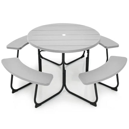 8-Person Outdoor Picnic Table and Bench Set with Umbrella Hole-Gray - Gray - Picnic Tables