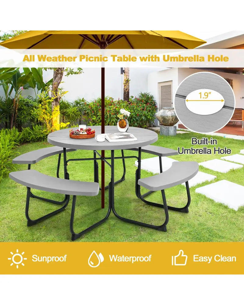 8-Person Outdoor Picnic Table and Bench Set with Umbrella Hole-Gray - Gray - Picnic Tables