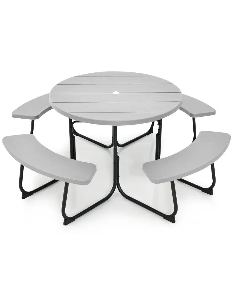 8-Person Outdoor Picnic Table and Bench Set with Umbrella Hole-Gray - Gray - Picnic Tables