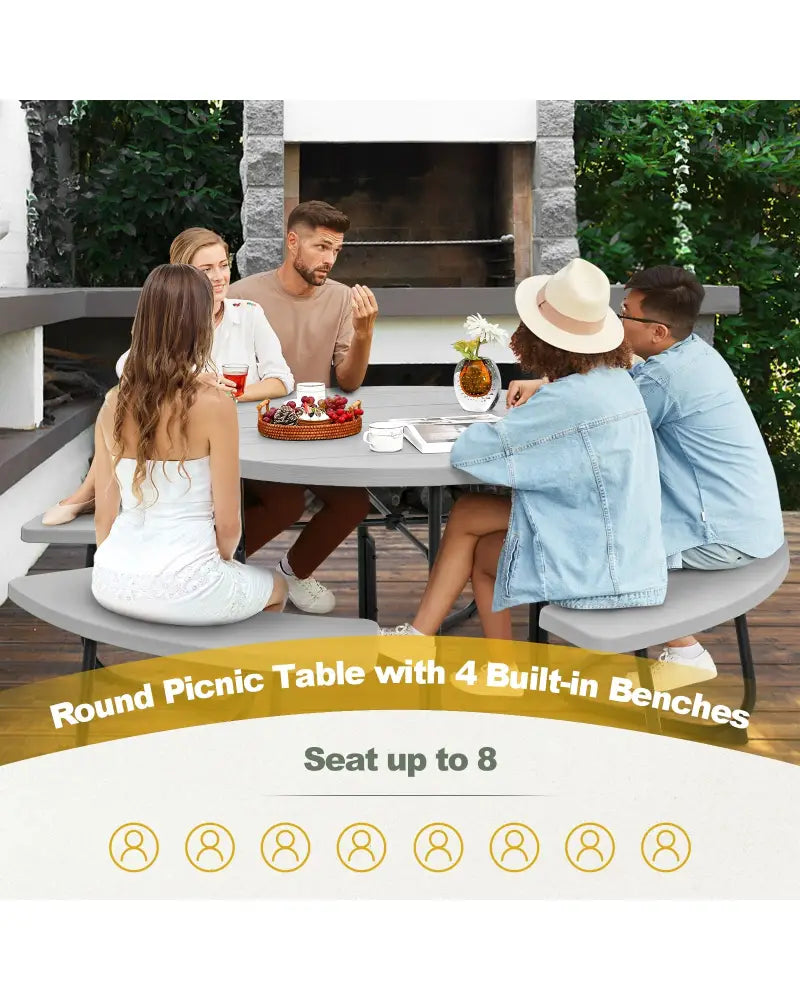 8-Person Outdoor Picnic Table and Bench Set with Umbrella Hole-Gray - Gray - Picnic Tables