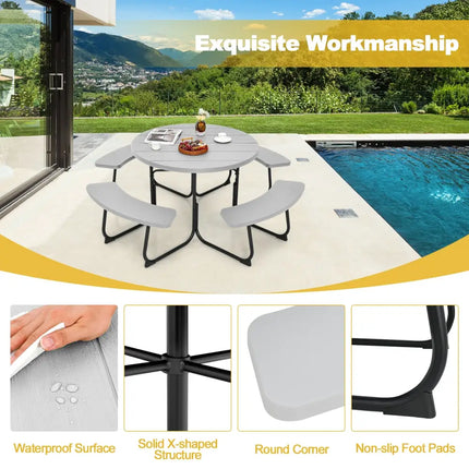 8-Person Outdoor Picnic Table and Bench Set with Umbrella Hole-Gray - Gray - Picnic Tables