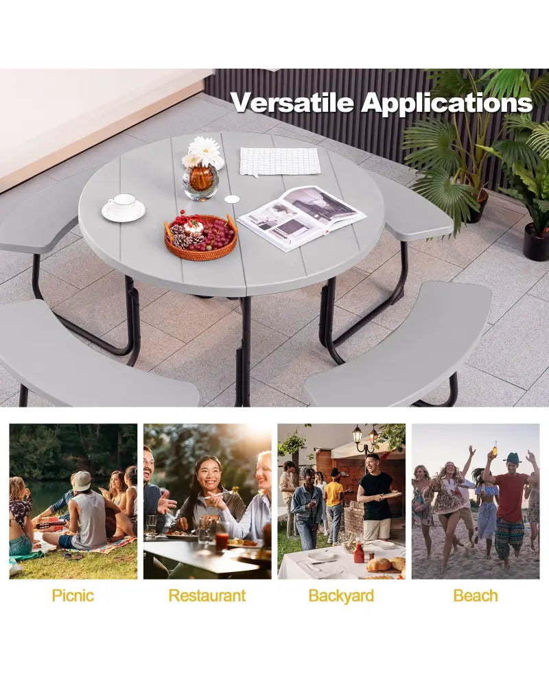 8-Person Outdoor Picnic Table and Bench Set with Umbrella Hole-Gray - Gray - Picnic Tables