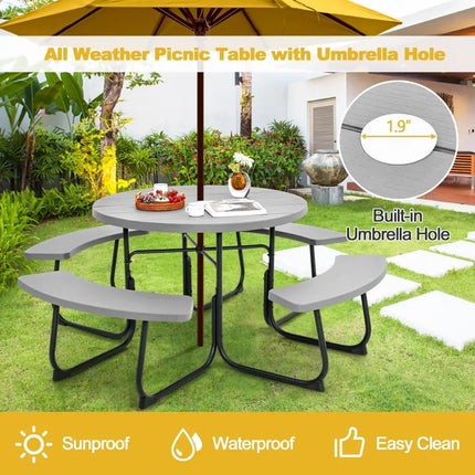 8-Person Outdoor Picnic Table and Bench Set with Umbrella Hole-Gray - Gray - Picnic Tables