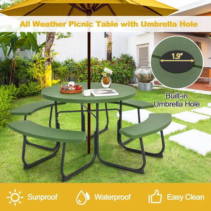 8-Person Outdoor Picnic Table and Bench Set with Umbrella Hole-Green - Green - Picnic Tables