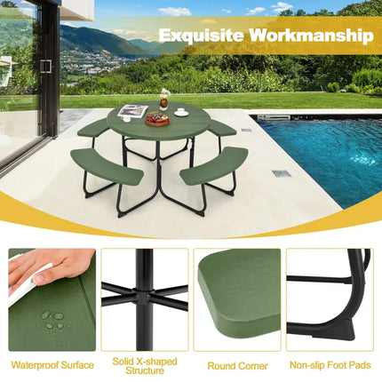 8-Person Outdoor Picnic Table and Bench Set with Umbrella Hole-Green - Green - Picnic Tables