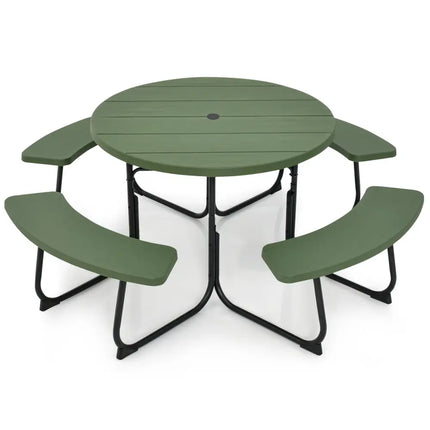 8-Person Outdoor Picnic Table and Bench Set with Umbrella Hole-Green - Green - Picnic Tables