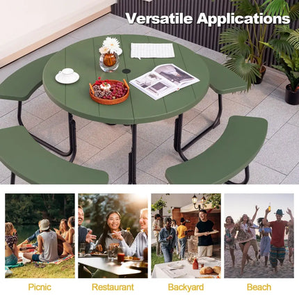 8-Person Outdoor Picnic Table and Bench Set with Umbrella Hole-Green - Green - Picnic Tables