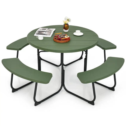 8-Person Outdoor Picnic Table and Bench Set with Umbrella Hole-Green - Green - Picnic Tables