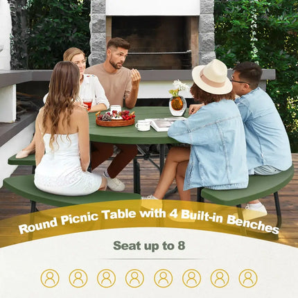 8-Person Outdoor Picnic Table and Bench Set with Umbrella Hole-Green - Green - Picnic Tables