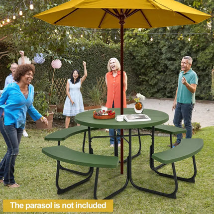 8-Person Outdoor Picnic Table and Bench Set with Umbrella Hole-Green - Green - Picnic Tables