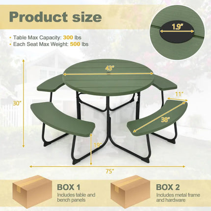 8-Person Outdoor Picnic Table and Bench Set with Umbrella Hole-Green - Green - Picnic Tables