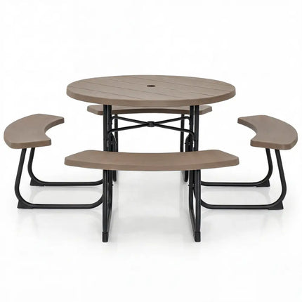 8-Person Outdoor Picnic Table and Bench Set with Umbrella Hole-Rustic Brown - Rustic Brown - Picnic Tables