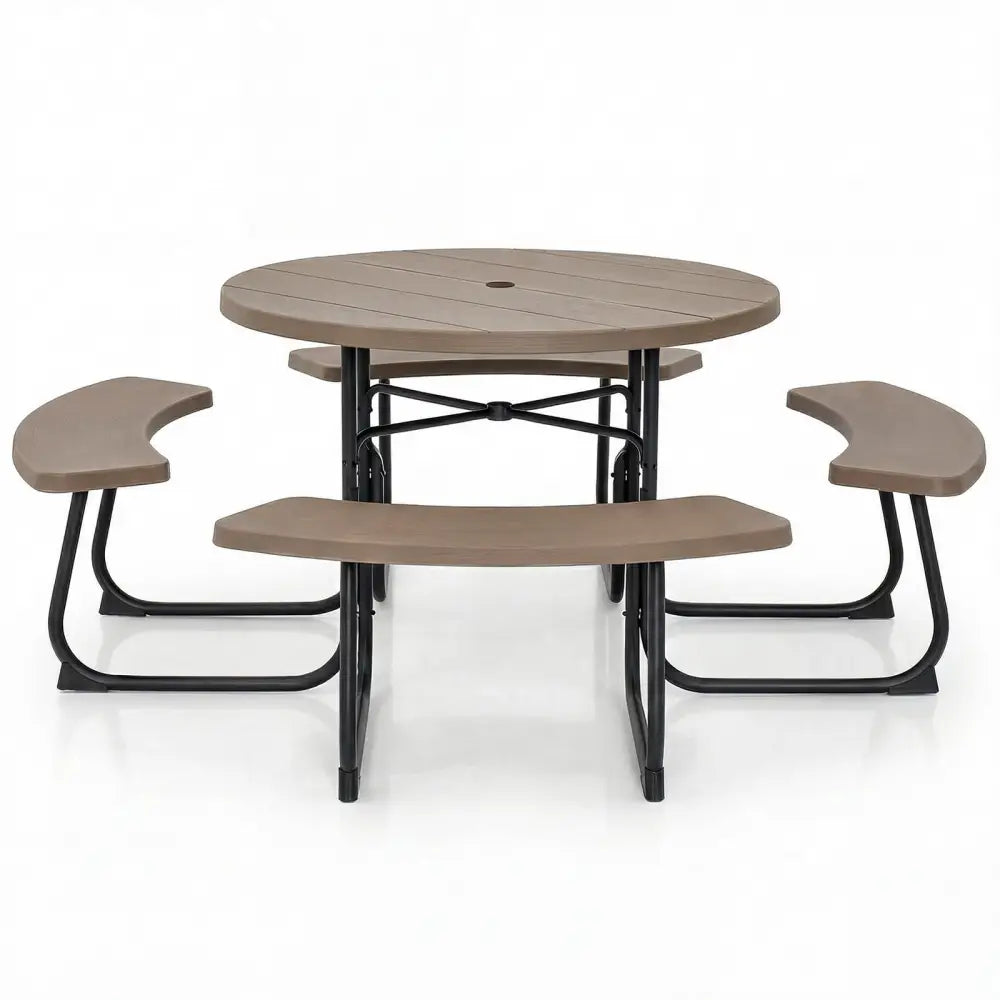 8-Person Outdoor Picnic Table and Bench Set with Umbrella Hole-Rustic Brown - Rustic Brown - Picnic Tables