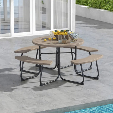 8-Person Outdoor Picnic Table and Bench Set with Umbrella Hole-Rustic Brown - Rustic Brown - Picnic Tables