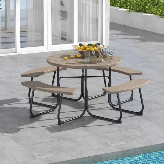 8-Person Outdoor Picnic Table and Bench Set with Umbrella Hole-Rustic Brown - Rustic Brown - Picnic Tables