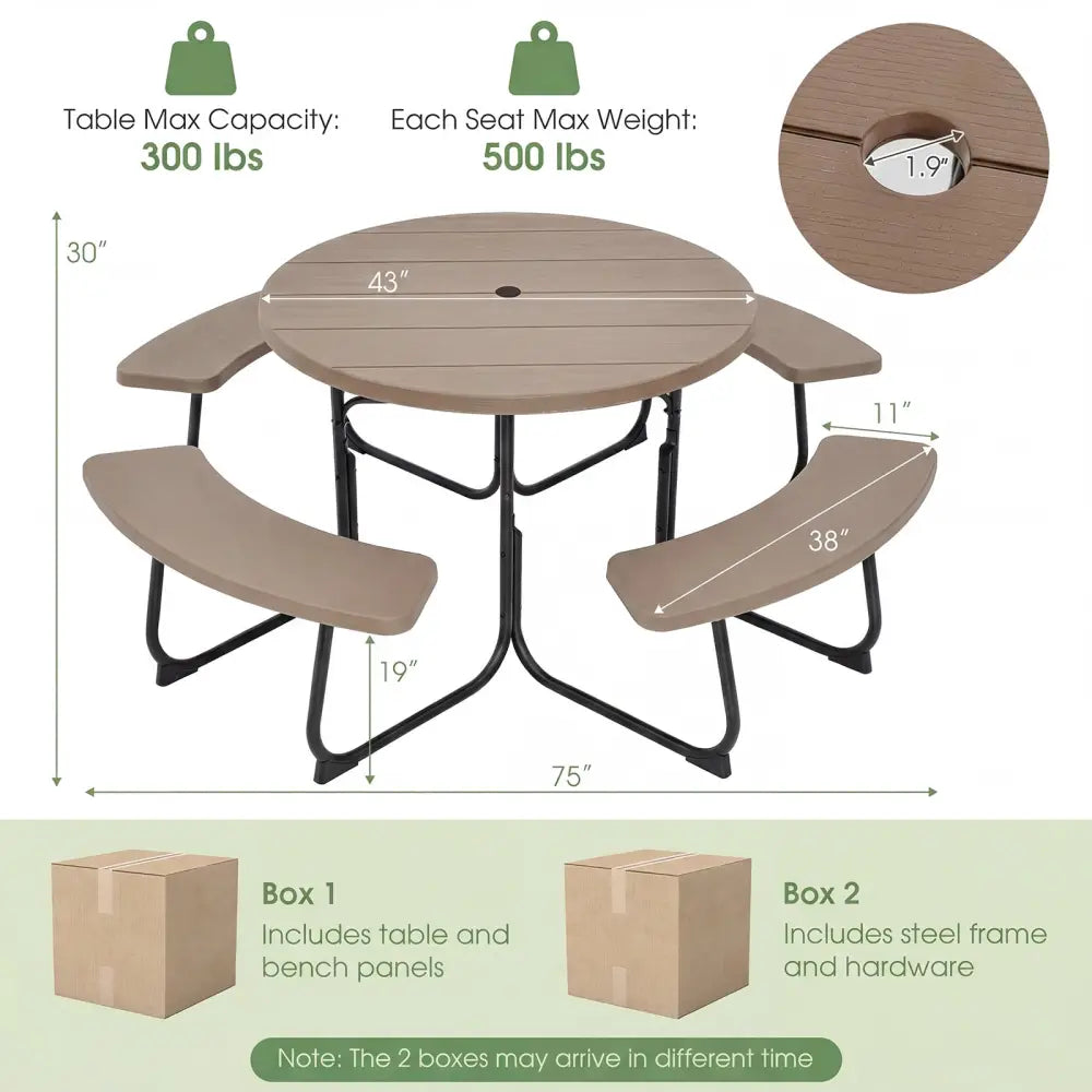 8-Person Outdoor Picnic Table and Bench Set with Umbrella Hole-Rustic Brown - Rustic Brown - Picnic Tables
