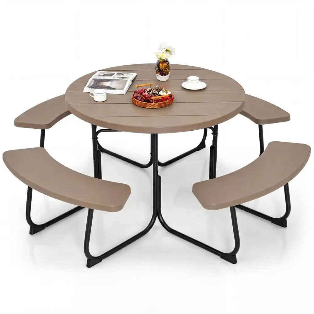 8-Person Outdoor Picnic Table and Bench Set with Umbrella Hole-Rustic Brown - Rustic Brown - Picnic Tables