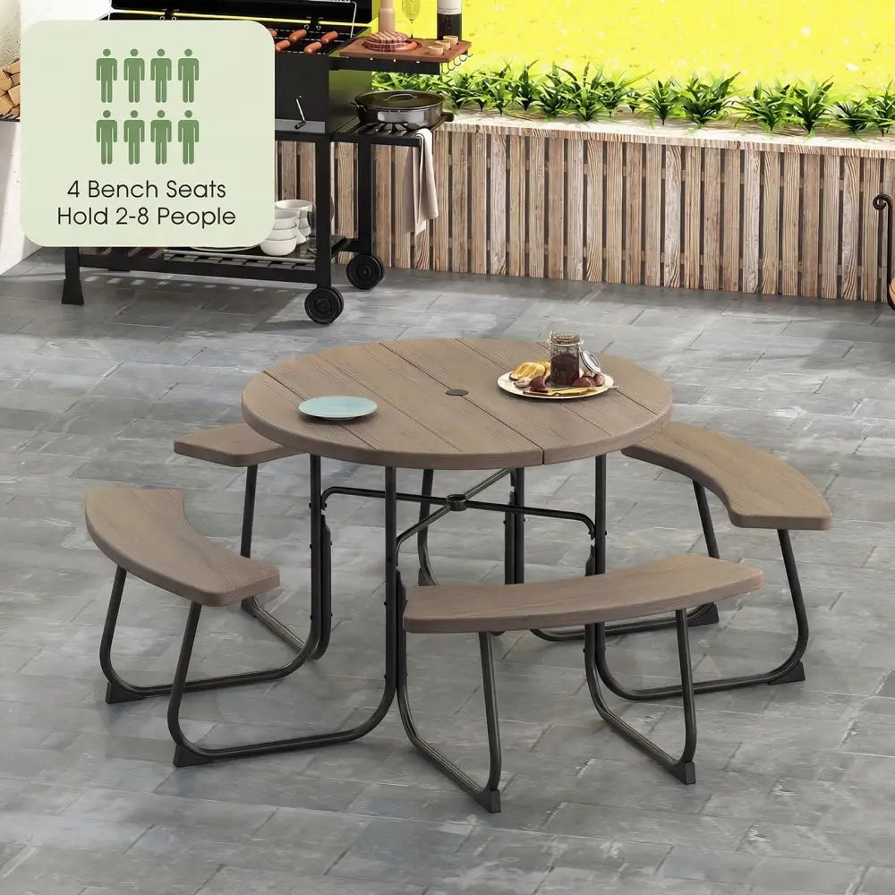 8-Person Outdoor Picnic Table and Bench Set with Umbrella Hole-Rustic Brown - Rustic Brown - Picnic Tables