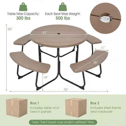 8-Person Outdoor Picnic Table and Bench Set with Umbrella Hole-Rustic Brown - Rustic Brown - Picnic Tables