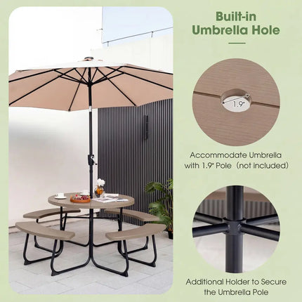 8-Person Outdoor Picnic Table and Bench Set with Umbrella Hole-Rustic Brown - Rustic Brown - Picnic Tables