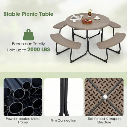 8-Person Outdoor Picnic Table and Bench Set with Umbrella Hole-Rustic Brown - Rustic Brown - Picnic Tables