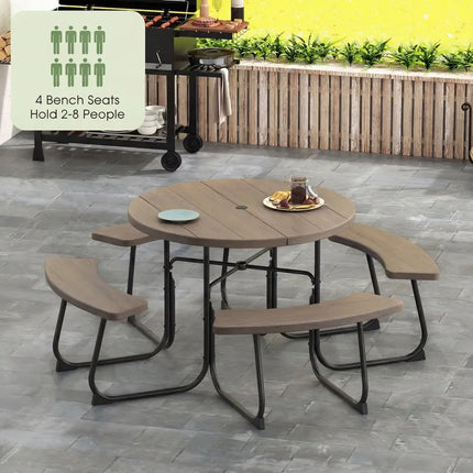 8-Person Outdoor Picnic Table and Bench Set with Umbrella Hole-Rustic Brown - Rustic Brown - Picnic Tables