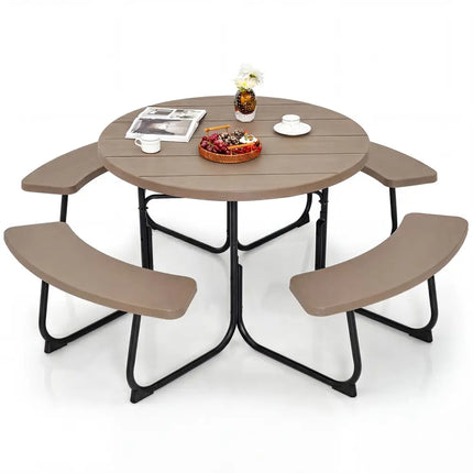 8-Person Outdoor Picnic Table and Bench Set with Umbrella Hole-Rustic Brown - Rustic Brown - Picnic Tables