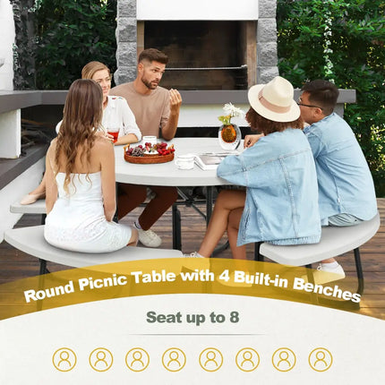 8-Person Outdoor Picnic Table and Bench Set with Umbrella Hole-White - White - Picnic Tables