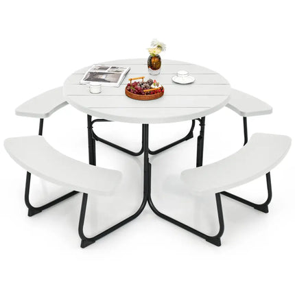 8-Person Outdoor Picnic Table and Bench Set with Umbrella Hole-White - White - Picnic Tables