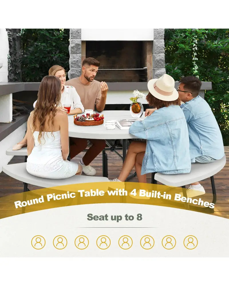 8-Person Outdoor Picnic Table and Bench Set with Umbrella Hole-White - White - Picnic Tables