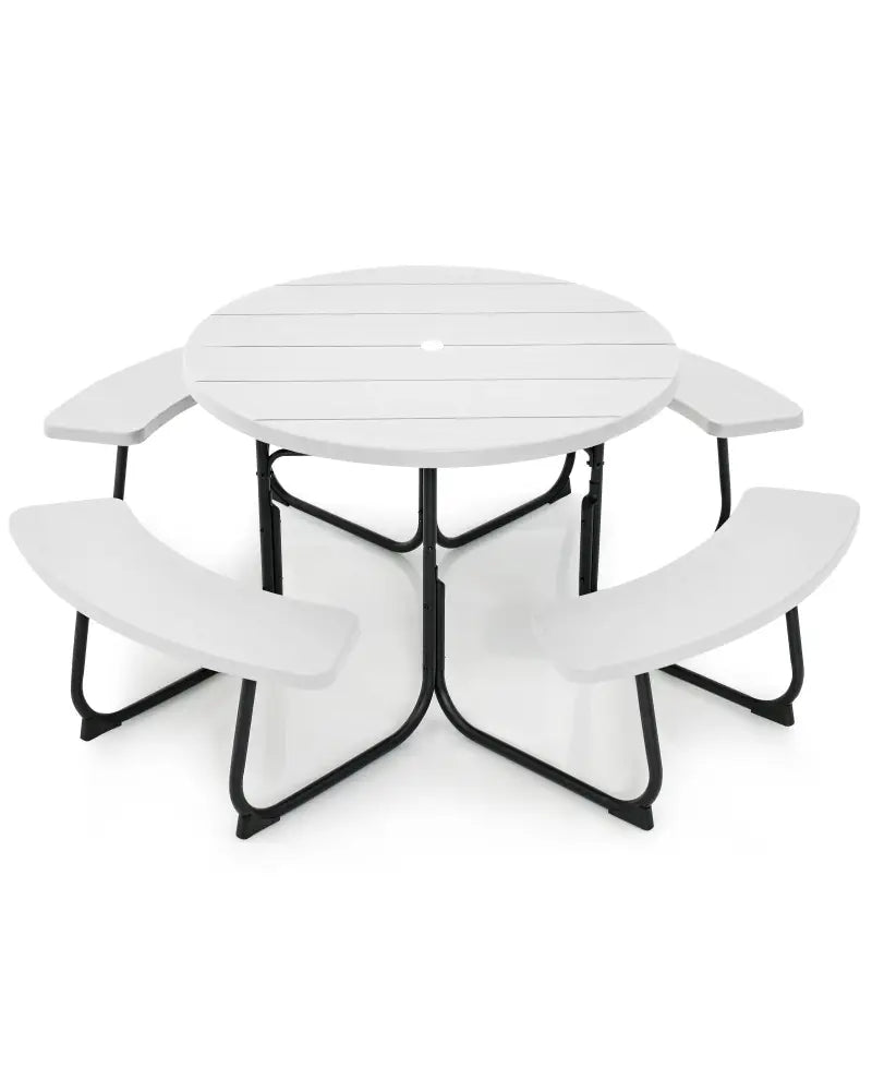 8-Person Outdoor Picnic Table and Bench Set with Umbrella Hole-White - White - Picnic Tables
