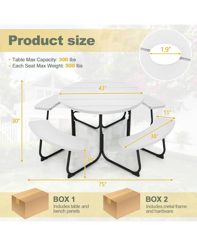 8-Person Outdoor Picnic Table and Bench Set with Umbrella Hole-White - White - Picnic Tables
