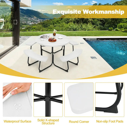 8-Person Outdoor Picnic Table and Bench Set with Umbrella Hole-White - White - Picnic Tables