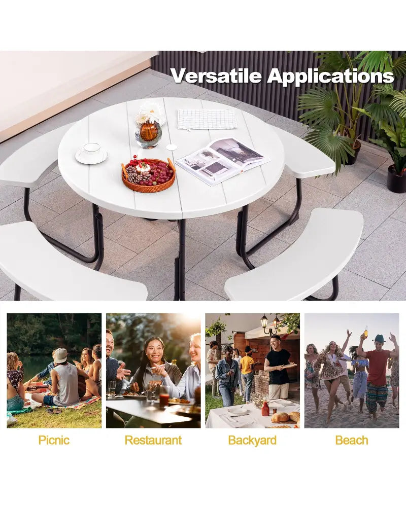 8-Person Outdoor Picnic Table and Bench Set with Umbrella Hole-White - White - Picnic Tables