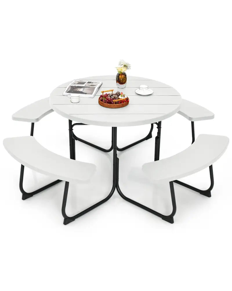 8-Person Outdoor Picnic Table and Bench Set with Umbrella Hole-White - White - Picnic Tables