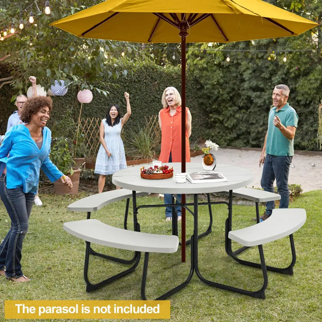 8-Person Outdoor Picnic Table and Bench Set with Umbrella Hole-White - White - Picnic Tables
