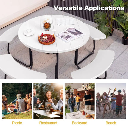 8-Person Outdoor Picnic Table and Bench Set with Umbrella Hole-White - White - Picnic Tables