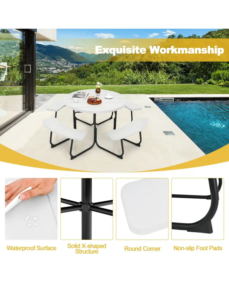 8-Person Outdoor Picnic Table and Bench Set with Umbrella Hole-White - White - Picnic Tables