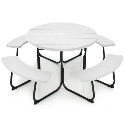 8-Person Outdoor Picnic Table and Bench Set with Umbrella Hole-White - White - Picnic Tables