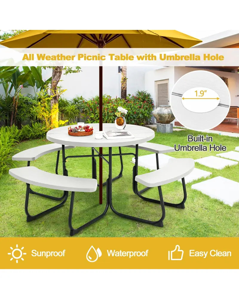 8-Person Outdoor Picnic Table and Bench Set with Umbrella Hole-White - White - Picnic Tables