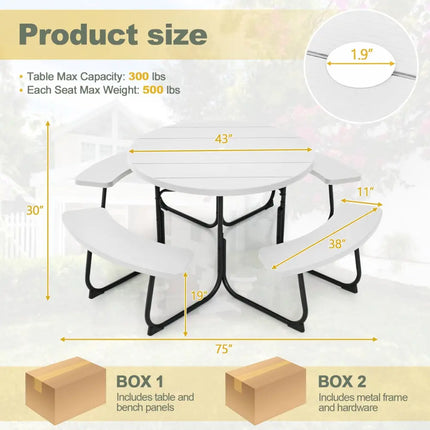 8-Person Outdoor Picnic Table and Bench Set with Umbrella Hole-White - White - Picnic Tables