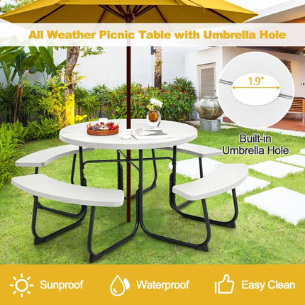 8-Person Outdoor Picnic Table and Bench Set with Umbrella Hole-White - White - Picnic Tables