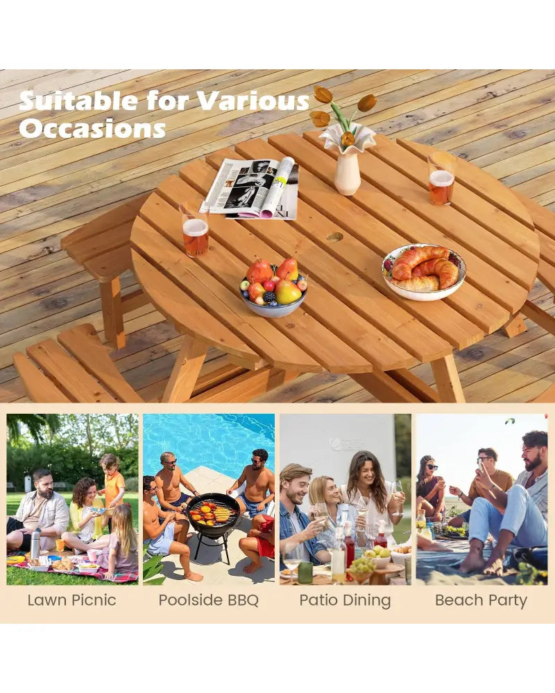8-Person Round Picnic Table Set Circular Patio Dining Camping Table with Benches-Yellow - Yellow - Patio Dining Sets